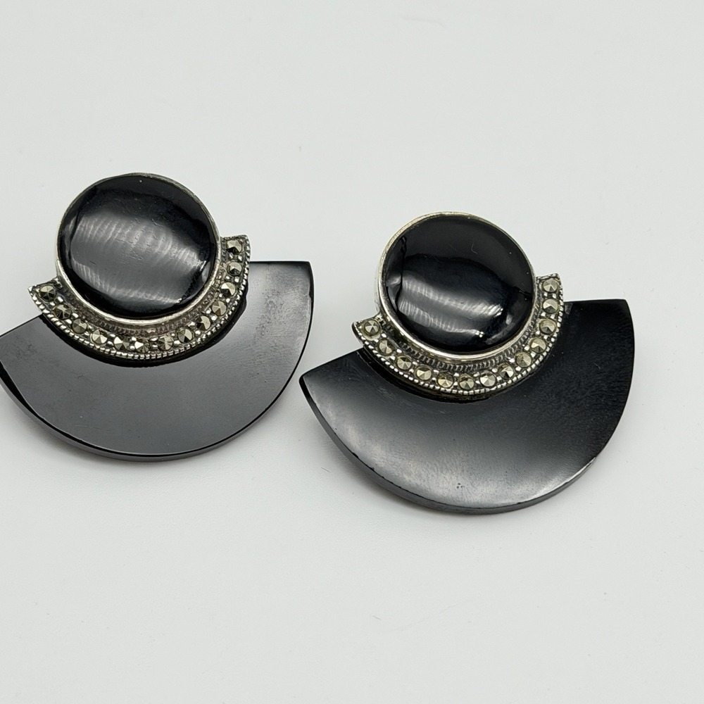 Vintage Sterling Silver Black Onyx Marcasite Art Deco Style Fan Shaped Earrings
